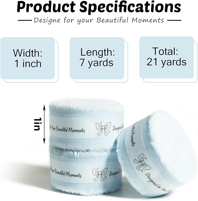 Baby Blue Cotton Ribbon 1 Inch Baby Blue 3 Rolls 21 Yards Frayed Edge Fabric Set for Baby Shower, Wedding Invitations, Nursery Decor, Christening & First Birthday Party
