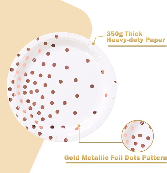 Rose Gold Paper Plates 100PCS,White and Rose Gold Dots Party Paper Plates,Disposable Dessert Plate Great for Birthday,Wedding,Bridal Showers,Cocktail Party,Anniversaries(7inch)