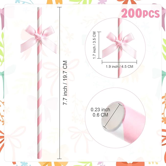 Potchen 200 Pcs Valentine's Day Bow Paper Straws Bulk Pink and White Disposable Striped Straws for Drinking, Valentines Theme Party Supplies for Birthday Wedding Cake Bachelorette Baby Shower Decor