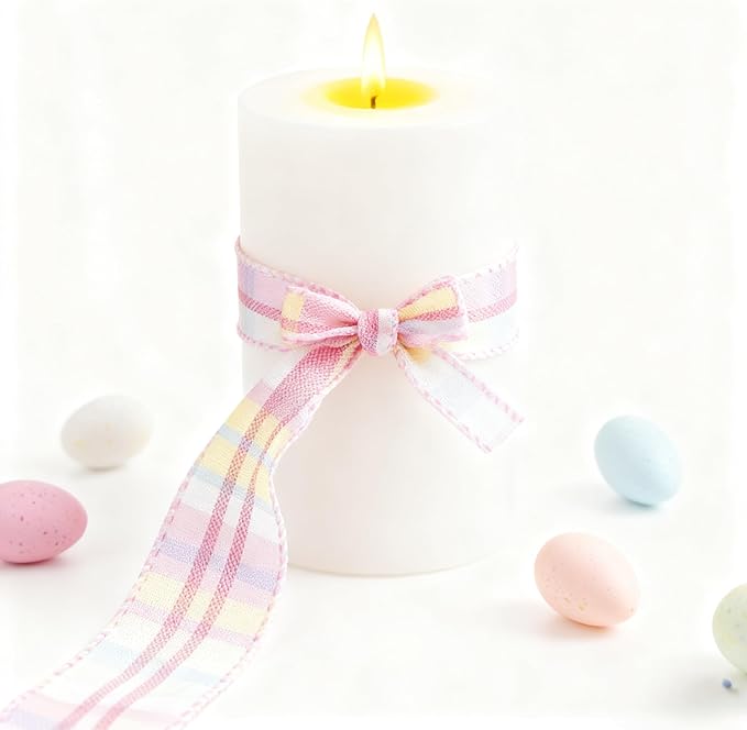 Meseey 2.5 Inch x 10 Yards Pastel Plaid Wired Ribbon, Buffalo Check Wired Edge Ribbon for Easter Wreaths, Gift Wrapping, Easter Baskets, Crafts, Spring Party Decorations