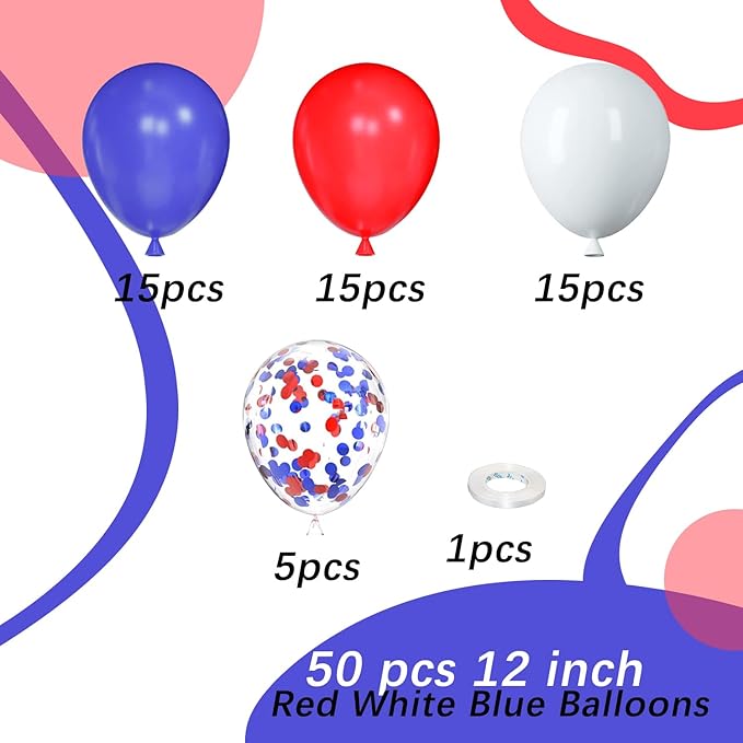 Red White and Blue Latex Balloons, 50pcs 12 Inches Red and Blue with Confetti Balloons for 4th of July, Independence Day, Birthday, Graduation Party Decorations