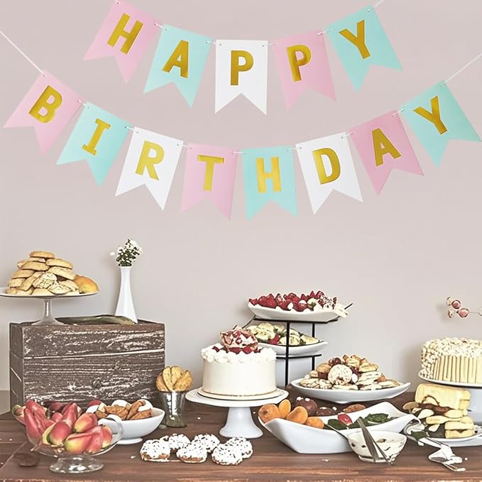 Happy Birthday Banner Birthday Party Supplies Garland Decorations Pink White Light Green Birthday Signs Nursery Hanging Decor (Tricolor)