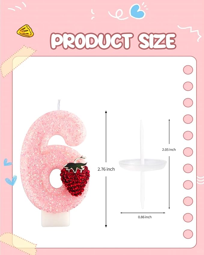 Birthday Candles for Cake, Pink Number Candles, Cake Candles with Greeting Card for Birthday Party Wedding Anniversary Celebrations (Strawberry 6 Candle)