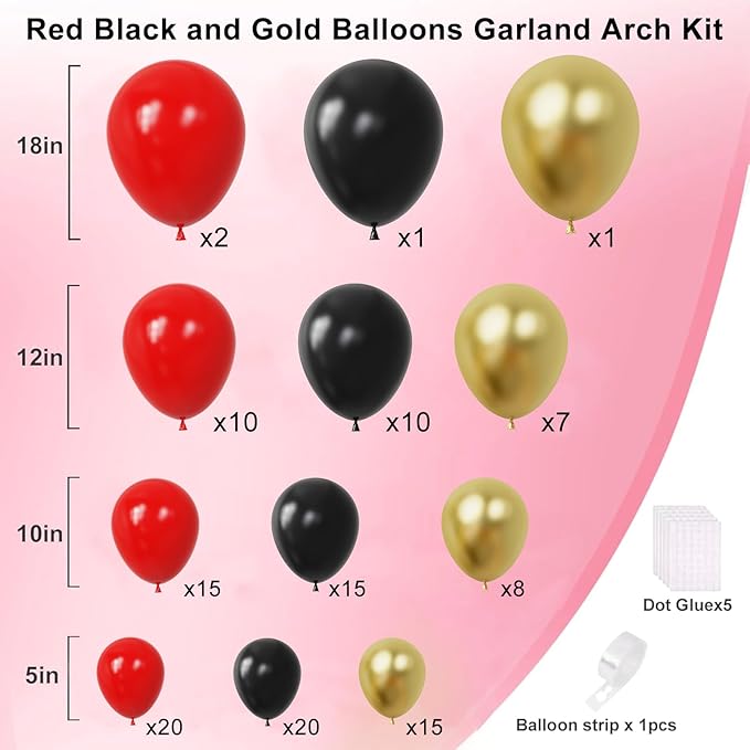 Red Black and Gold Balloons Garland Arch Kit, Black Gold Red Balloons for Casino Theme Party Decorations, New Year, Birthday Party Decoration
