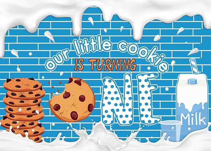 Mocscika Our Little Cookie is Turning One Backdrop Cookie Milk 1st Birthday Party Decoration for Boys Kids Blue Wall Decor Photography Background (White, 8x6ft(96''x72''))