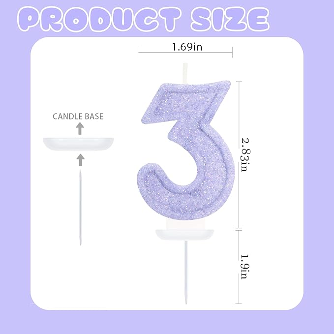Purple Birthday Candles for Girls - Number 3 Candle Cake Topper for Purple Fairy Birthday Party Decorations