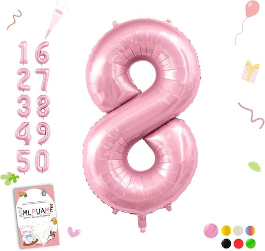 Pastel Pink 8 Balloons, 40 Inch Large Light Pink Foil Number Balloons 0-10, Self-Sealing 8th Birthday Balloon for Girls Women Anniversary Baby Shower Princess Party Decorations Supplies