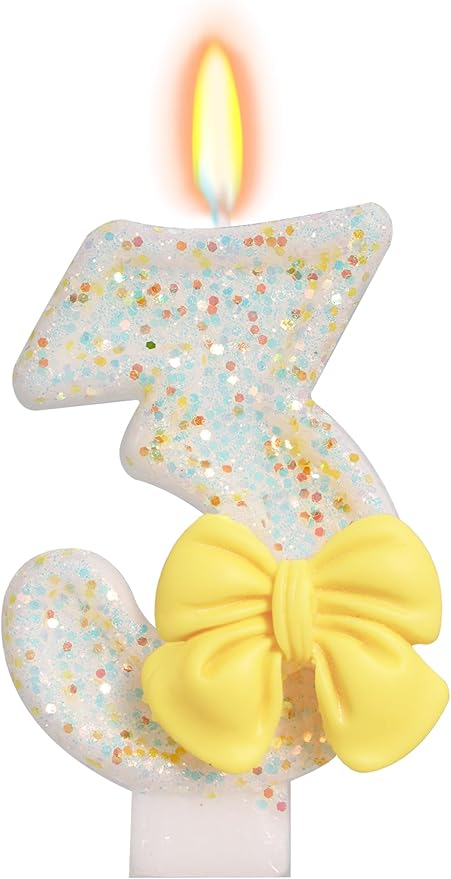 Birthday Candle for Cake, Yellow Bow Cake Candles, Cake Topper Decoration for Birthday Party (Number 3)