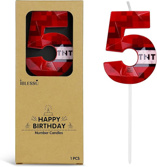 Number 5 Red Pixel Birthday Candle, TNT Themed Birthday Candles for Cake, 2.70 Inch Green Miner Number Candles, Game Themed Candle Birthday Decoration, Red Birthday Cake Topper for Boys Girls Party