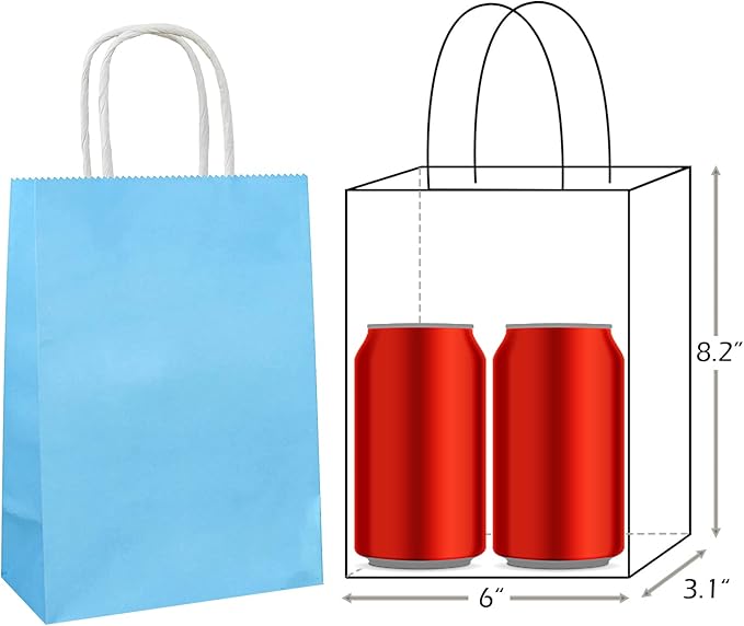 25 PCS Small Gift Bags Light Blue Kraft Paper Bag Sky Gift Bags with Handles for Party Favors (8.2 x 6 x 3.1 In)