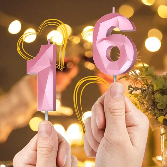 Number Birthday Candles(17 Candle Pink) 3D Diamond Shape 17th Happy Birthday Cake Topper Decorations for Girl Women Birthday Wedding Anniversary Celebration Theme Party Supplies