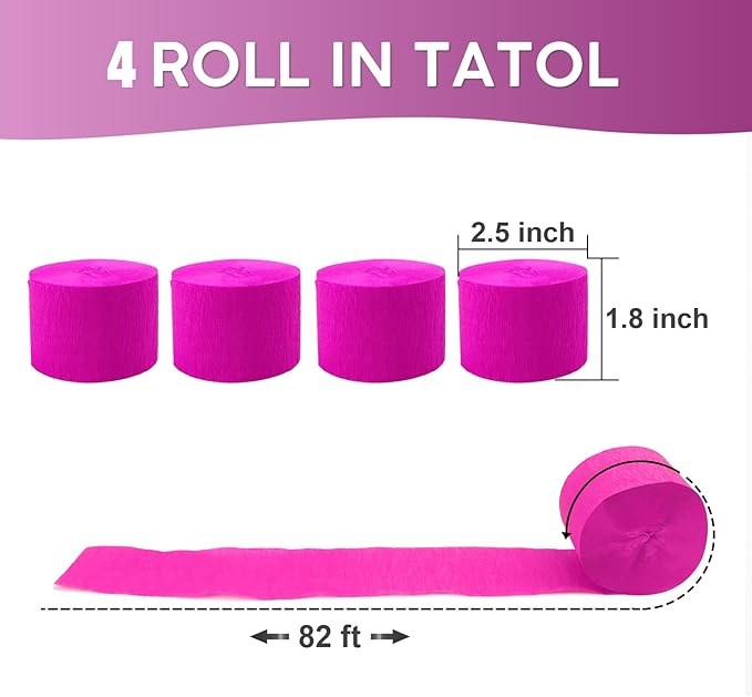 4 Rolls Crepe Paper Rose Red Streamers – Perfect for Streamers Party Decorations, Wedding, Birthday, Colored Decor, and DIY Craft Supplies(1.8 Inch x 82 Ft/Roll)