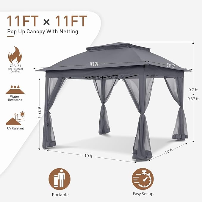 COOS BAY 11x11 Pop Up Gazebo with Mesh Netting, Instant Outdoor Canopy Tent, Water Resistant Shelter with UPF 50+ UV Protection, 121 Sq Ft Coverage, Dark Gray