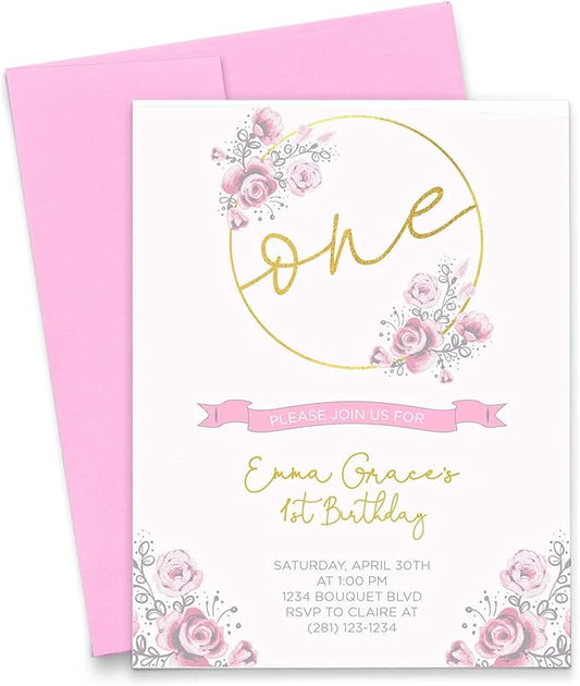 1st Birthday Invitations Modern & Floral, 1st Birthday Invitations Girl, Your choice of Quantity, Info and Envelope Color