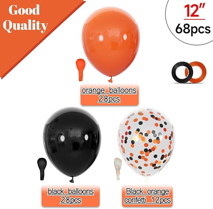 68Pcs Black and Orange Balloons, 12 inch Orange Black Latex Balloon Set with Confetti Ribbons Reusable, Fade-Resistant for Halloween, Graduation Spooky Party Decorations.