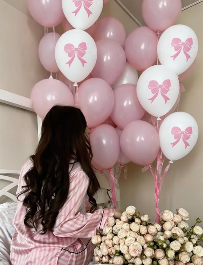 Pink Bow Balloons, 50PCS 12 Inch Pastel Pink and White Bow Print Balloons, Coquette Girly Party Decorations for Girls Birthday, Baby Shower, Bridal Shower, Bachelorette & Bow Theme Party