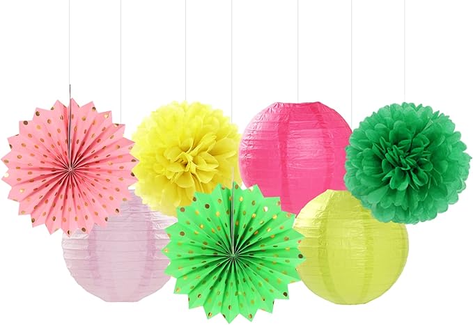 Hawaiian-Summer Beach Pool Party-Decorations Streamers - 14pcs Tropical Jungle Aloha Birthday Supplies Paper Lanterns Fan,Tissue Pom Poms,Baby Shower Honeycomb Ball Decor Lasting Surprise