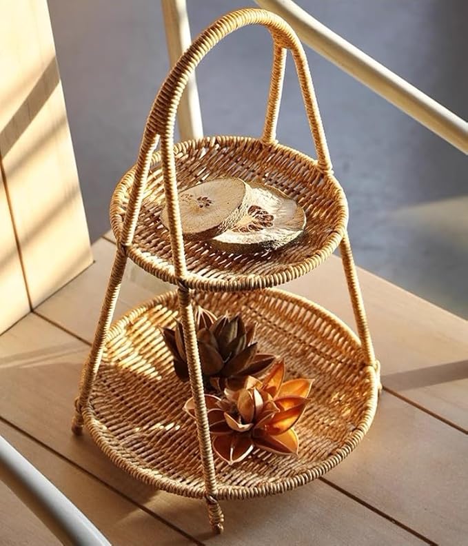 Landtom Two Tiered Rattan Serving Stand | Serving Tray for Party | Round Wooden Platter for Cupcakes, Fruits, Dessert, Tea, Dried Fruit, Candy Or Snack (Type A)
