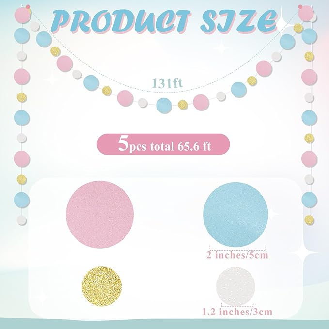 Outus 5 Pieces Pink,Blue,Gold,White Round Dots Garland Graduation Party Hanging Decor Each Length 13.1ft Glitter Paper Dot Streamers for Birthday Wedding Classroom Supplies