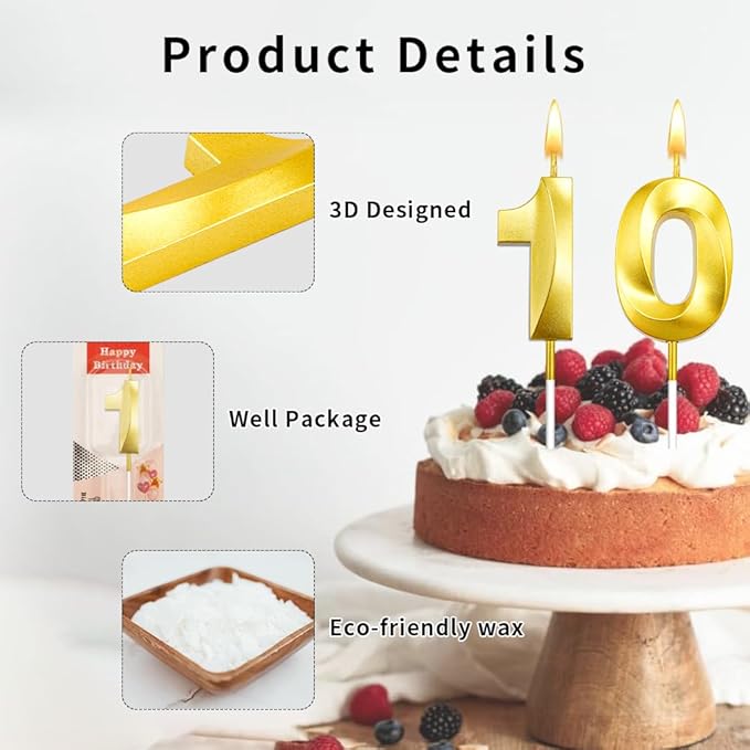 10 Birthday Candle for 10th Birthday Decorations for Boys Number 10 Candle Boy 10 Candle Birthday Girl 10th Birthday Cake Topper Gold Number Candles (10 Gold)