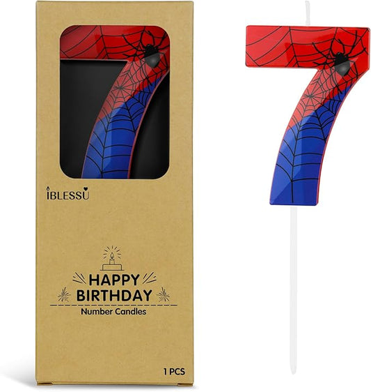Number 7 Spider Themed Birthday Candle, 2.68 Inch Red Blue Spider Birthday Candles, Number Candles Birthday Cake Toppers Web Candles for Boy Girl Spider Party Decoration Supplies Halloween Party