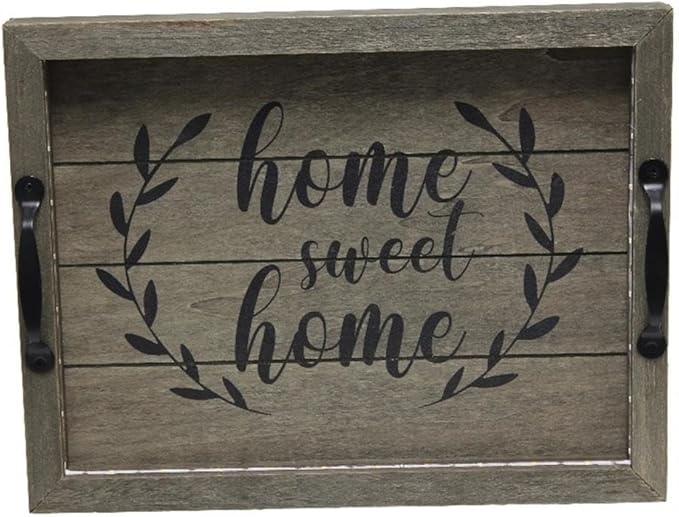 Elegant Designs HG2032-RGS Salento Farmhouse Rectangular Decorative LED Light Up Wooden Serving Tray w Metal Handles & Home Sweet Home in Black for Décor, Centerpiece, Breakfast, Bar, Rustic Gray