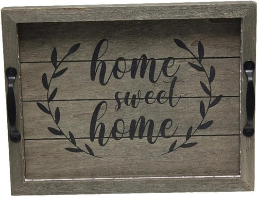 Elegant Designs HG2032-RGS Salento Farmhouse Rectangular Decorative LED Light Up Wooden Serving Tray w Metal Handles & Home Sweet Home in Black for Décor, Centerpiece, Breakfast, Bar, Rustic Gray