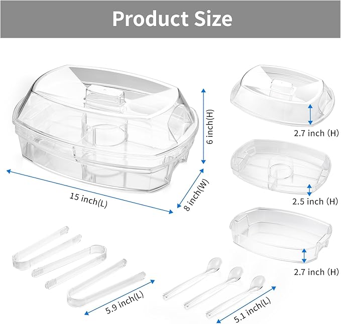 Chilled Serving Tray with Lid for Parties, 15-Inch Ice Serving Tray with Ice Underneath, 4-Compartment Fruit and Shrimp Cocktail Platter