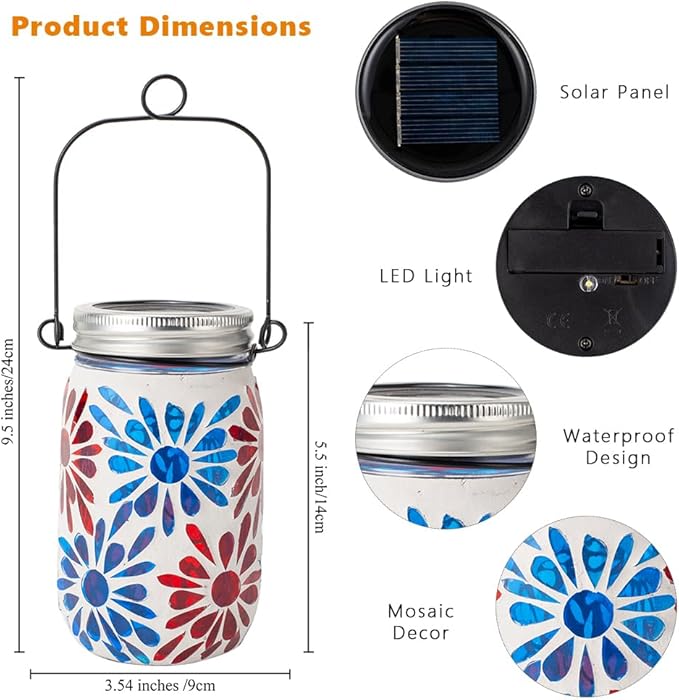 Starsoul Solar Lanterns Outdoor Waterproof, Mosaic Flowers Glass Solar Hanging Outdoor Lights, Decorative Solar Lantern for Outside Pathway Patio Porch Yard Decor