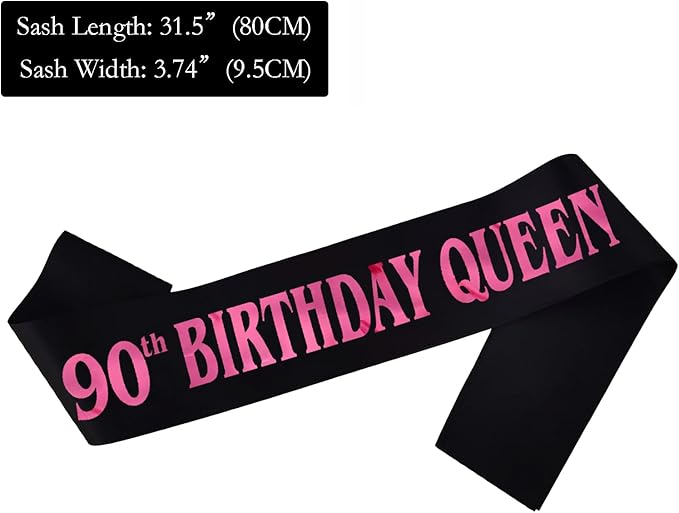 90th Birthday Queen Sash, Pink Foil Black Satin Birthday Sash for Women 90th Fabulous Birthday Party Gift Decorations Favors