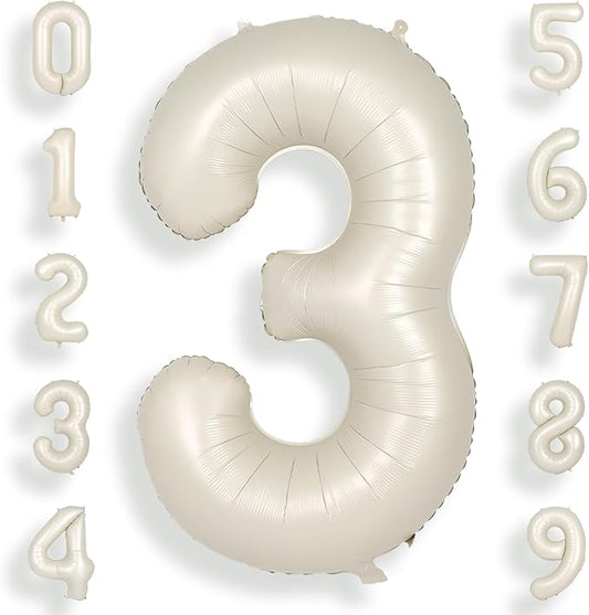 SUWEN 40 Inch Cream White Large 3 Number Balloons Big Foil Helium Number Balloons 0-9 Jumbo Happy 3rd Mylar Birthday Party Decorations for Boy or Girl Anniversary Party Supplies