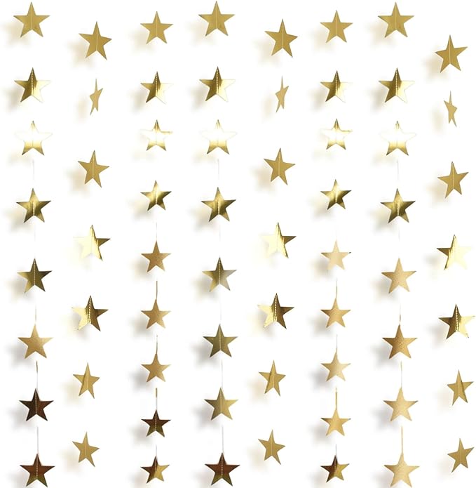 65Feet Gold Star Garland Banner Hanging Birthday Graduation Party Decorations- Golden Double Side Twinkle Paper Stars Streamers Backdrop for Prom Classroom Welcome Home Ceiling Decor, 5Pack