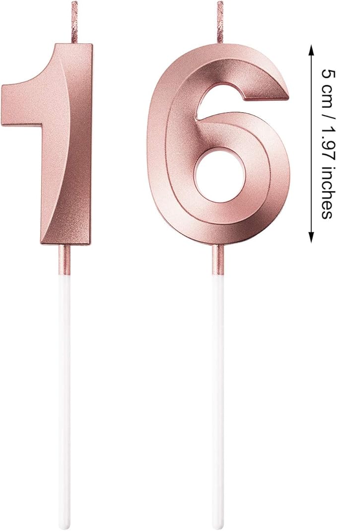 BBTO 16th & 61st Birthday Candles Number Candles Cake Topper Decoration for Birthday Wedding Anniversary Celebration Supplies(Rose Gold)