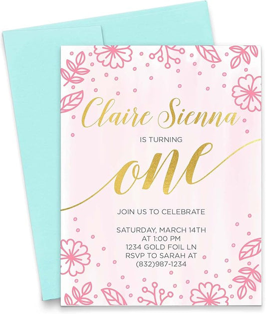 Modern Floral Birthday Invitations, 1st Birthday Invitations Girl or any Age, Your choice of Quantity, Age, Info and Envelope Color