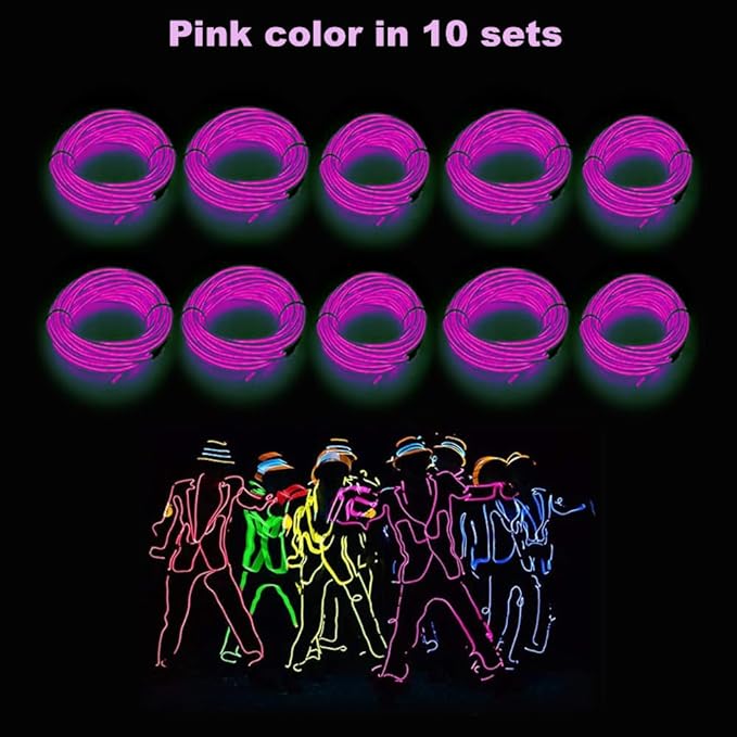 MaxLax EL Wire Pink 10-Pack, 9ft Neon Light Wire with Noise Reduction and Battery Pack…