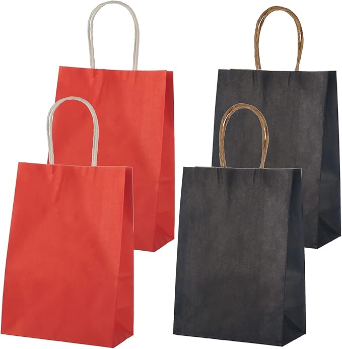MISU Paper Bags Party Favor Bags Kraft Paper Gift Bags with Handle, Small, 8.3x5.9x3.2 Inches, 16-Pack (Red, Black)