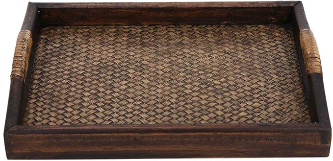 Wooden Serving Tray, Hand-Woven Rattan Rectangle Food Service Display Tray with Raised Handles, 9 Inch Natural Wood and Rattan Decorative Tray for Dining Coffee Table Tea Party