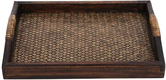 Wooden Serving Tray, Hand-Woven Rattan Rectangle Food Service Display Tray with Raised Handles, 9 Inch Natural Wood and Rattan Decorative Tray for Dining Coffee Table Tea Party