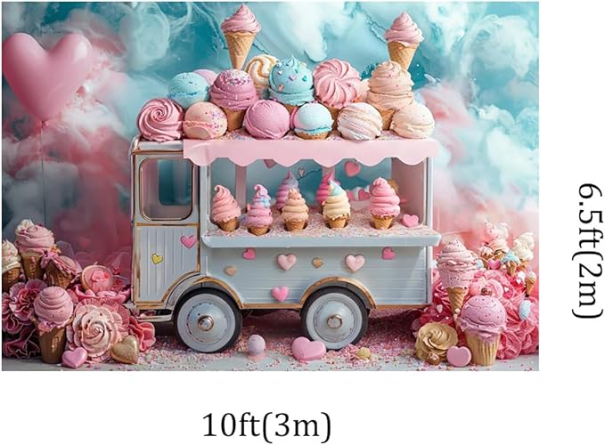 Kate 10x6.5ft Ice Cream Truck Happy Birthday Party Photography Backdrops Delicious Ice Cream Love Balloon Candy Photo Background Cake Smash Backgrounds