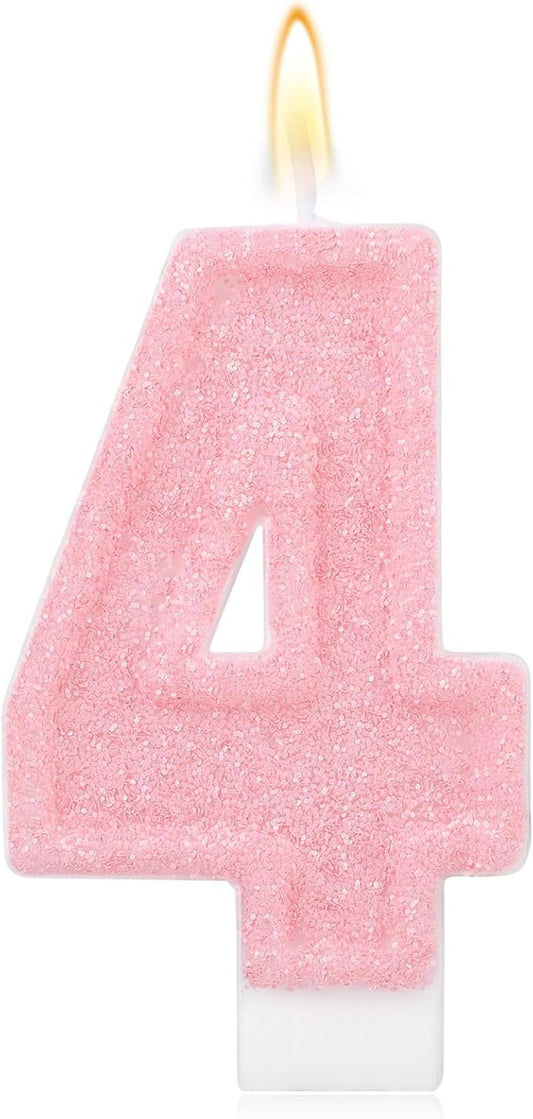Pink Number Birthday Candles, Romantic Cake Glitter Pink Number Candles Anniversary Cake Topper Decoration Cute Birthday Party Supplies for Wedding Anniversary Celebration Supplies (4)