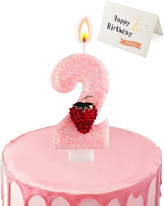 Birthday Candles for Cake, Pink Number Candles, Cake Candles with Greeting Card for Birthday Party Wedding Anniversary Celebrations (Strawberry 2 Candle)
