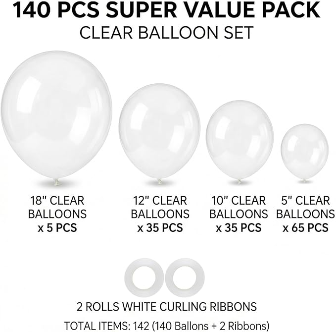 140pcs Clear Balloon Garland Arch Kit, 18/12/10/5 Inch Premium Transparent Balloons for Graduation 2026, Wedding, Baby Shower, Anniversary, Birthday Party Decorations