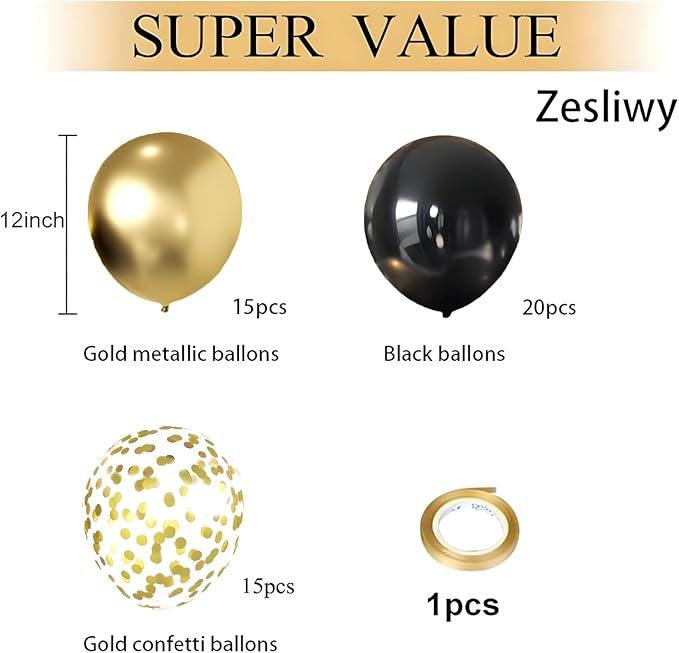Zesliwy Black and Gold Confetti Balloons, 50 Pack Gold Metallic and Black Latex Balloons for Birthday Graduation 2026 Anniversary New Year Party Decorations