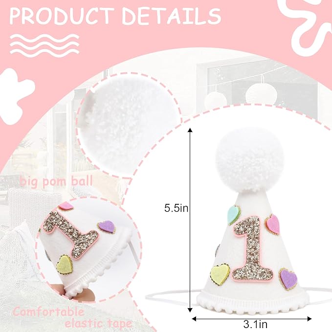 Sweet One Birthday Cone Hat - Colorful Heart 1st Party Decorations, Candy Hearts Party Crown, Cake Smash Photo Prop.