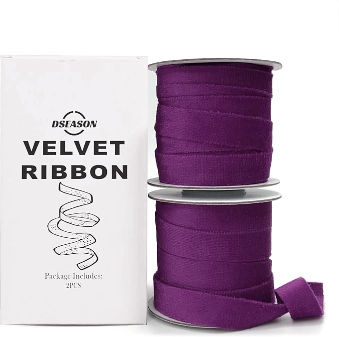 Velvet Ribbon Set 3/8" x 10 Yards, 2 Rolls 20 Yards, Dseason Handmade Purple Velvet Ribbon Set for Party Decor & Bow Making, Christmas Tree, Wreath Decoration, DIY Crafts Decoration
