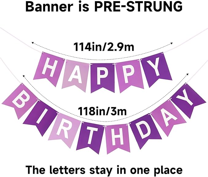 Happy Birthday Banner Birthday Party Banner NO DIY Happy Birthday Sign Pre-Strung Birthday Hanging Decoration for Women Men Girl Boy Party Supplies (Purple)
