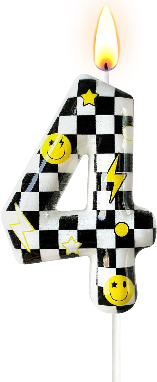 Number 4 Birthday Candle for Cake – Black White Checkered Smiley Design with Lightning & Star – Four Happy Dudes Theme Cake Topper for Birthday Party Decorations