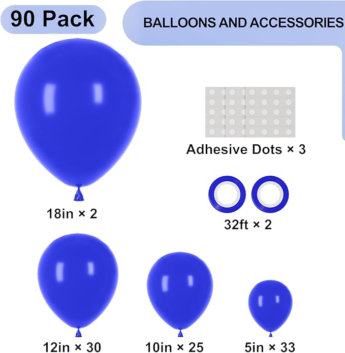 Voircoloria 90pack Royal Blue Balloons Different Size 18/12/10/5 Inch Blue Balloon Garland Arch Kit for Graduation, Wedding, Birthday, New Year, Baby Shower, Baseball, Nautical Party Decorations
