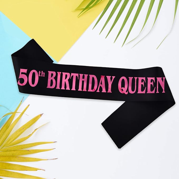 50th Birthday Queen Sash, Pink Foil Black Satin Birthday Sash for Women 50th Fabulous Birthday Party Gift Decorations Favors