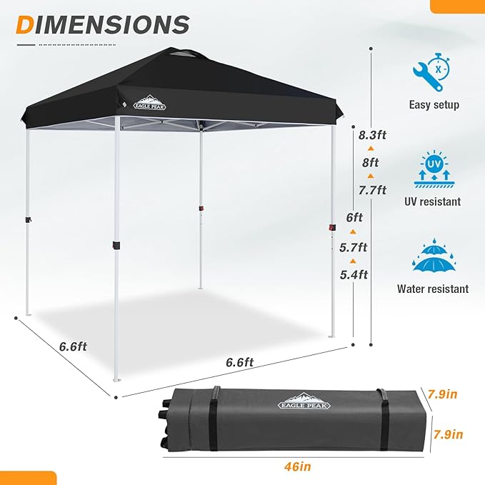EAGLE PEAK Pop Up Canopy Tent with Wheeled Carry Bag, 8 Stakes, 4 Ropes, Easy Set Up Tent Canopy, 6.6x6.6 ft, Black